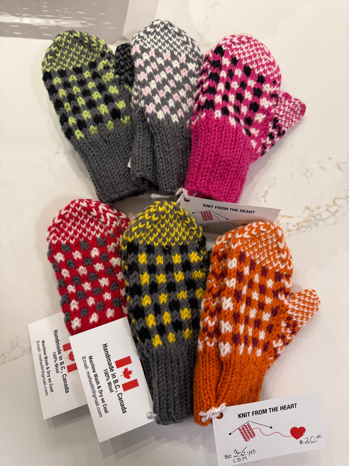 Knit From The Heart - Hand knitted Mittens  3 - 5 Years