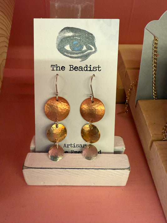 The Beadist - Sterling Silver, Bronze and Copper Hand Hammered Earrings