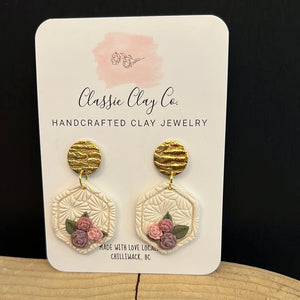 Classic Clay Co. - White Texture with Pink Floral Dangles