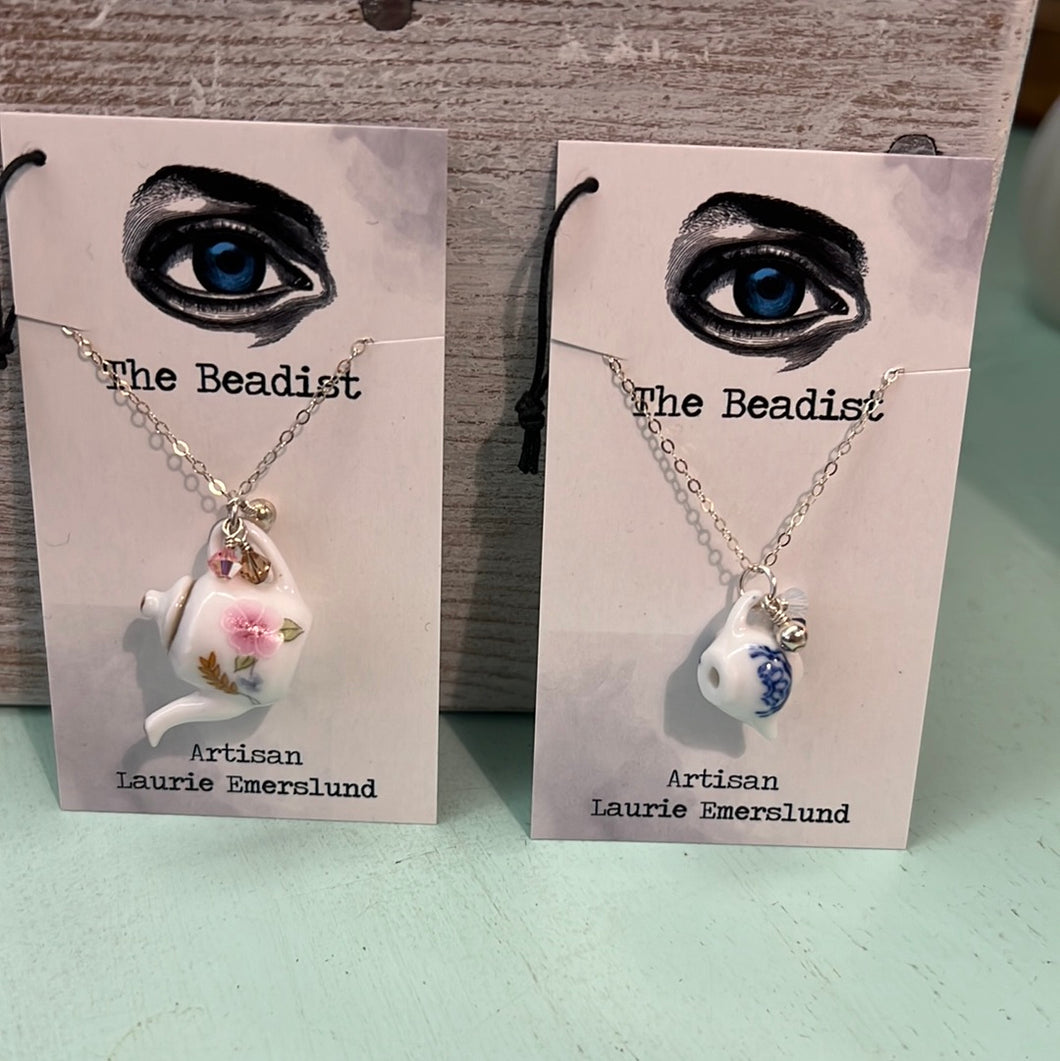 The Beadist - Porcelain Teapot Charm with Crystal Necklace