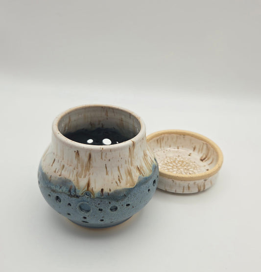 CM Pottery - Blue + Ivory garlic keeper/grater